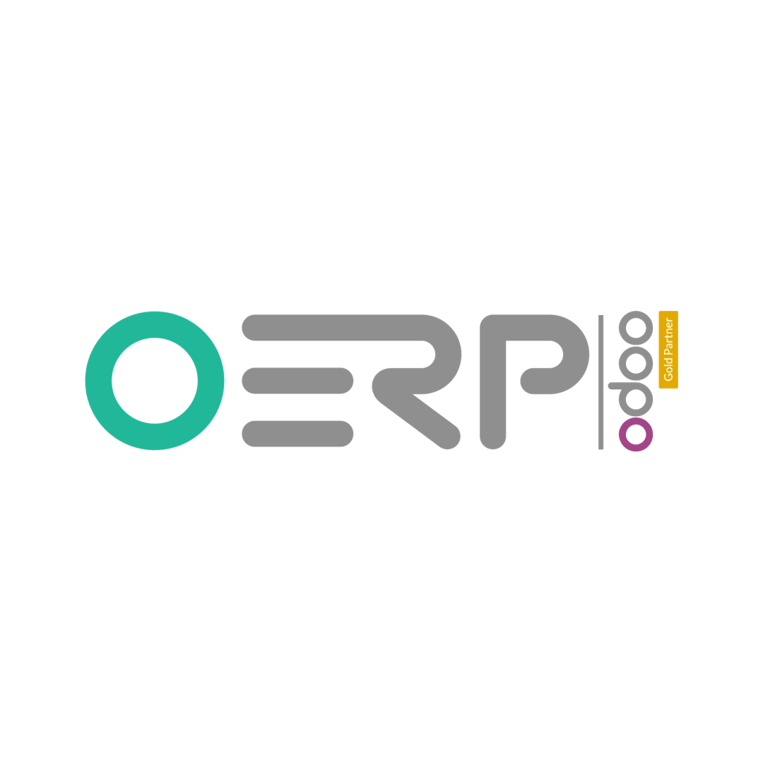 Logo with gray 'ERP' lettering, a teal circular ring to the left, and a vertical 'Gold Partner' badge on the right.