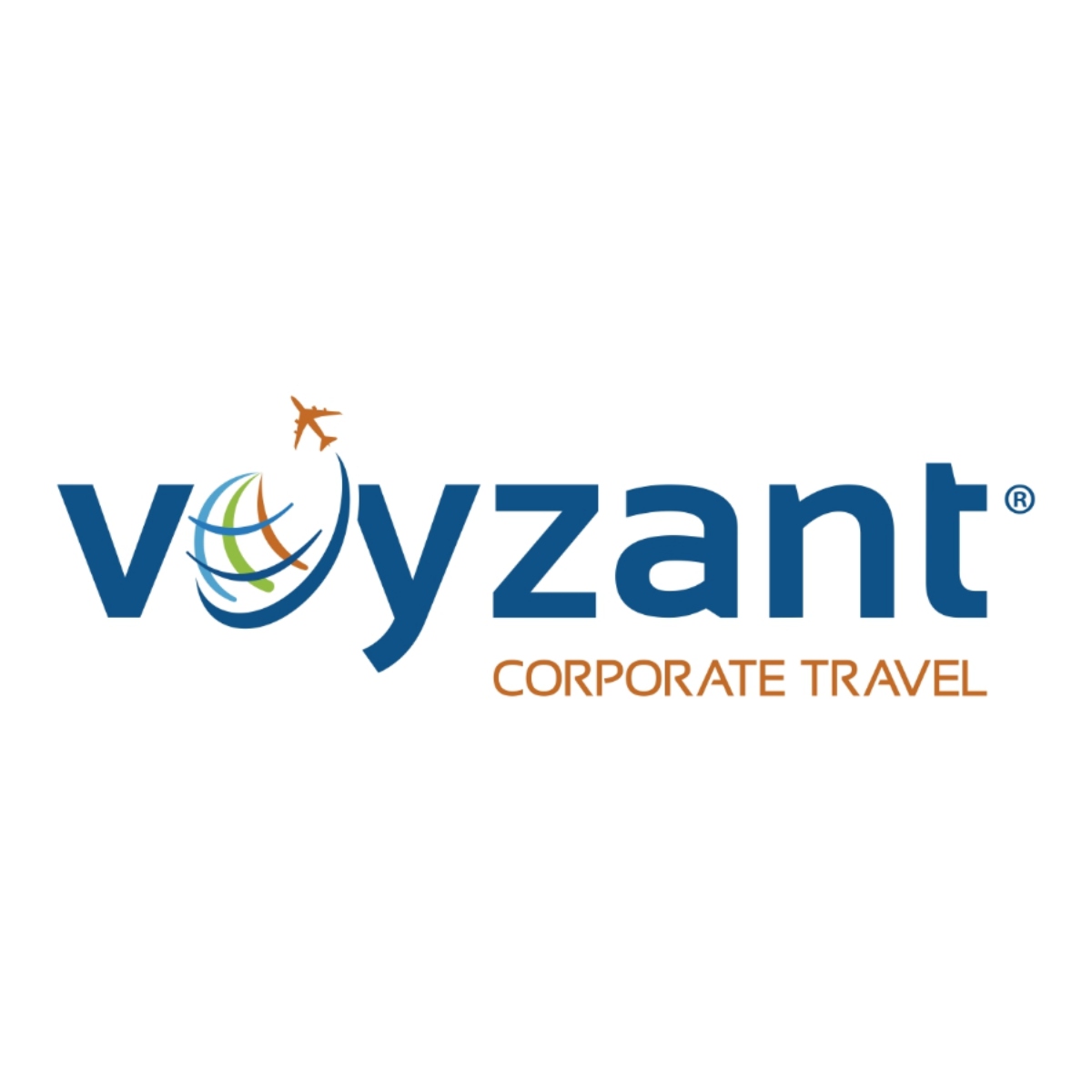 Voyzant Corporate Travel logo with blue wordmark, orange airplane over a stylized globe, and 'CORPORATE TRAVEL' text.